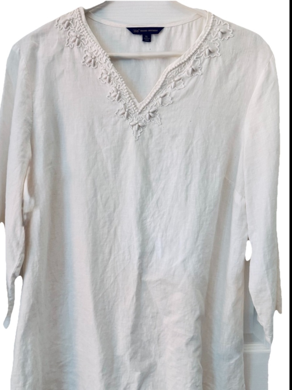 Women’s Brooks Brothers 346 White 100% Linen Tunic Top/Beach-Beaded V-Neck XL
